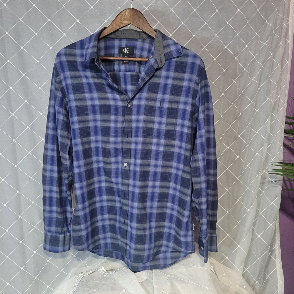 Calvin Klein Navy and Light Blue Plaid Button-Down Shirt